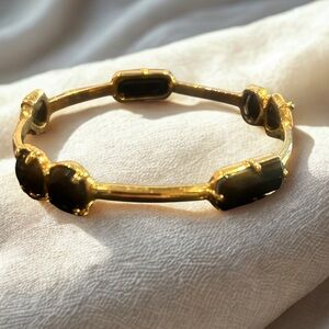 Kate Spade -Gold Tone Metal Bangle Bracelet with Black Stones, Slip On Style